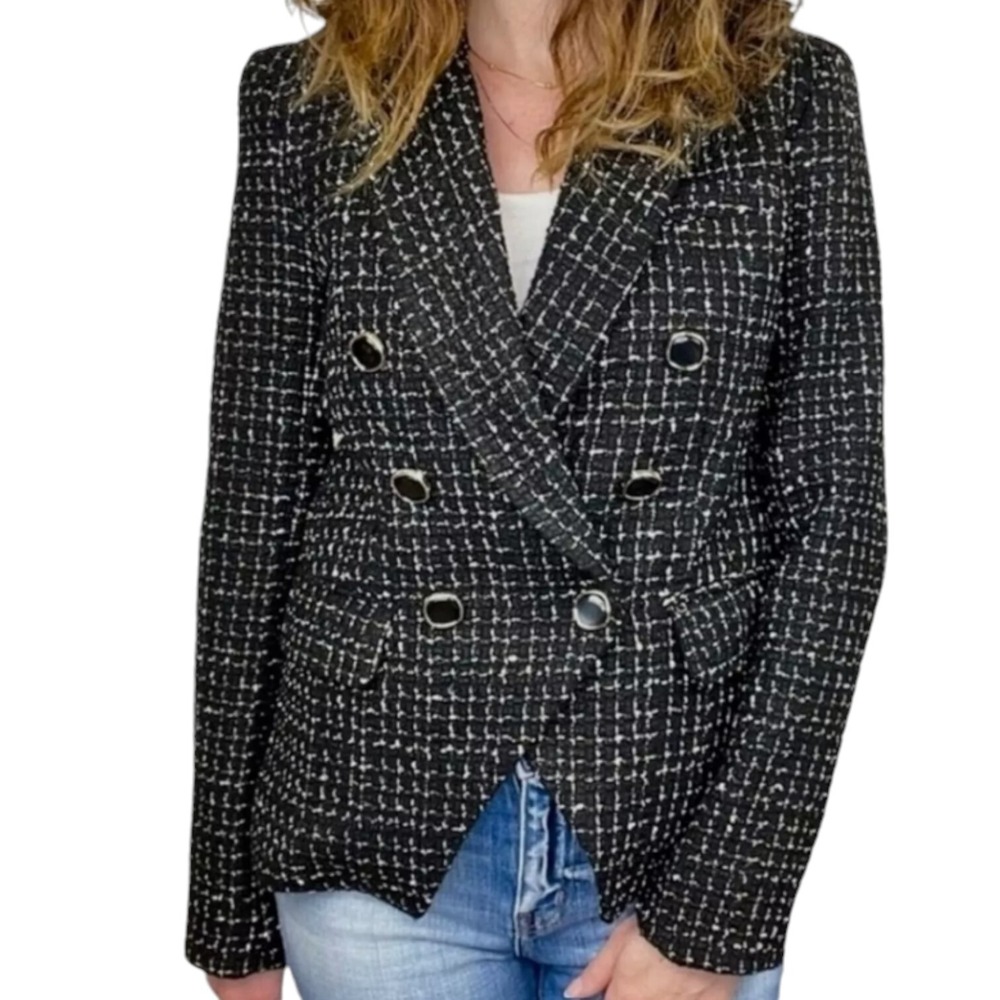 RACHEL ZOE Black & White Plaid Double Breasted Boucle Tweed Jacket Blazer Size M